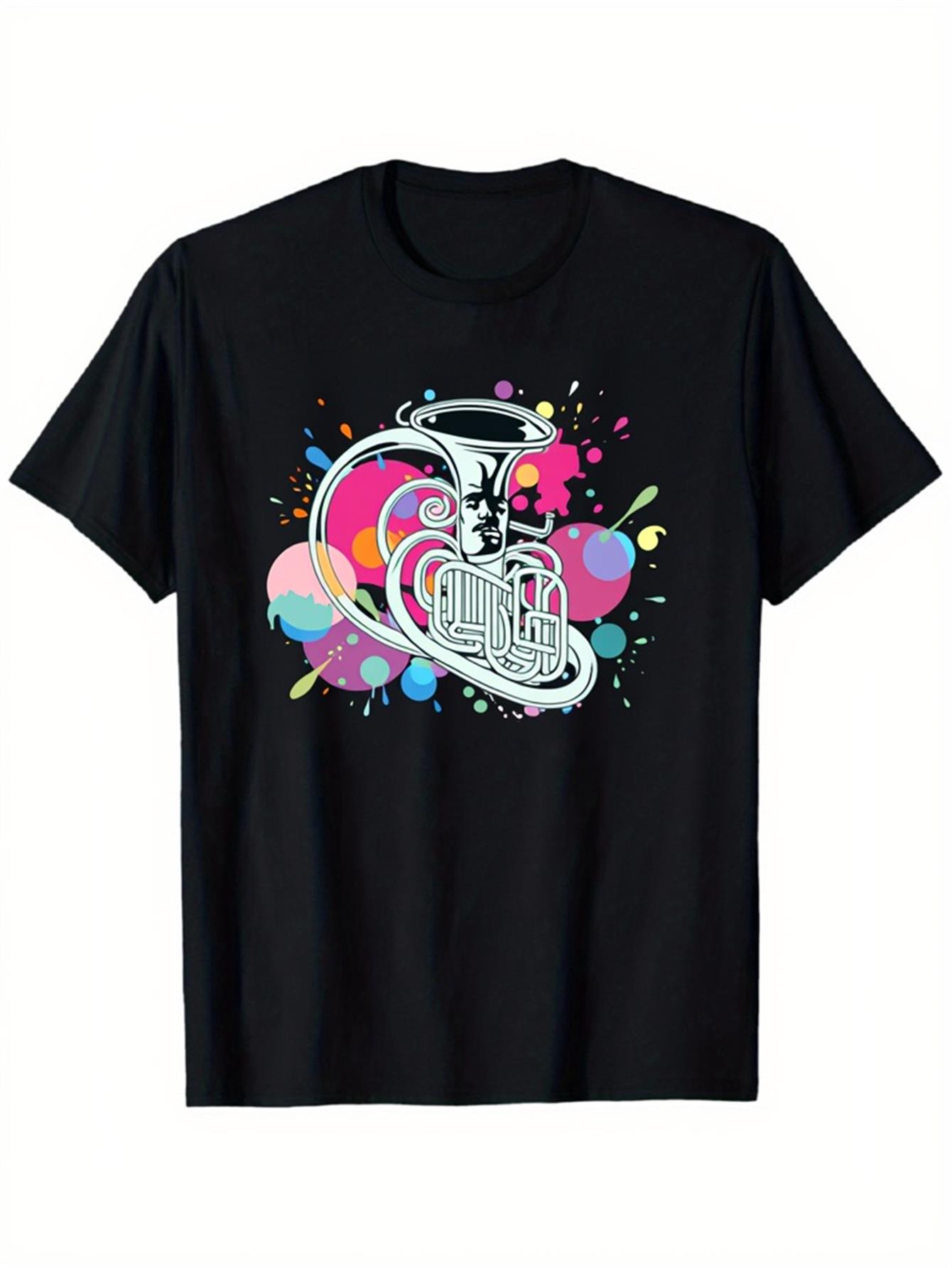 Trendy Men's Black Graphic T-S - Musical Instrument Horn ulasan dan harga